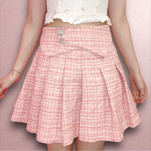 High Waisted Shimmery Pink Tweed Miniskirt Size Small - Picture 1 of 3